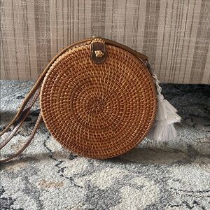 Round Woven Tan Crossbody Bag